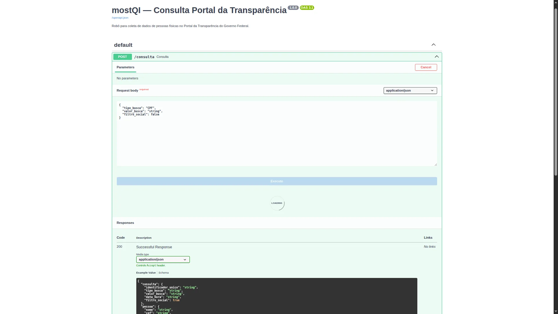 Swagger UI with automatically documented FastAPI endpoint