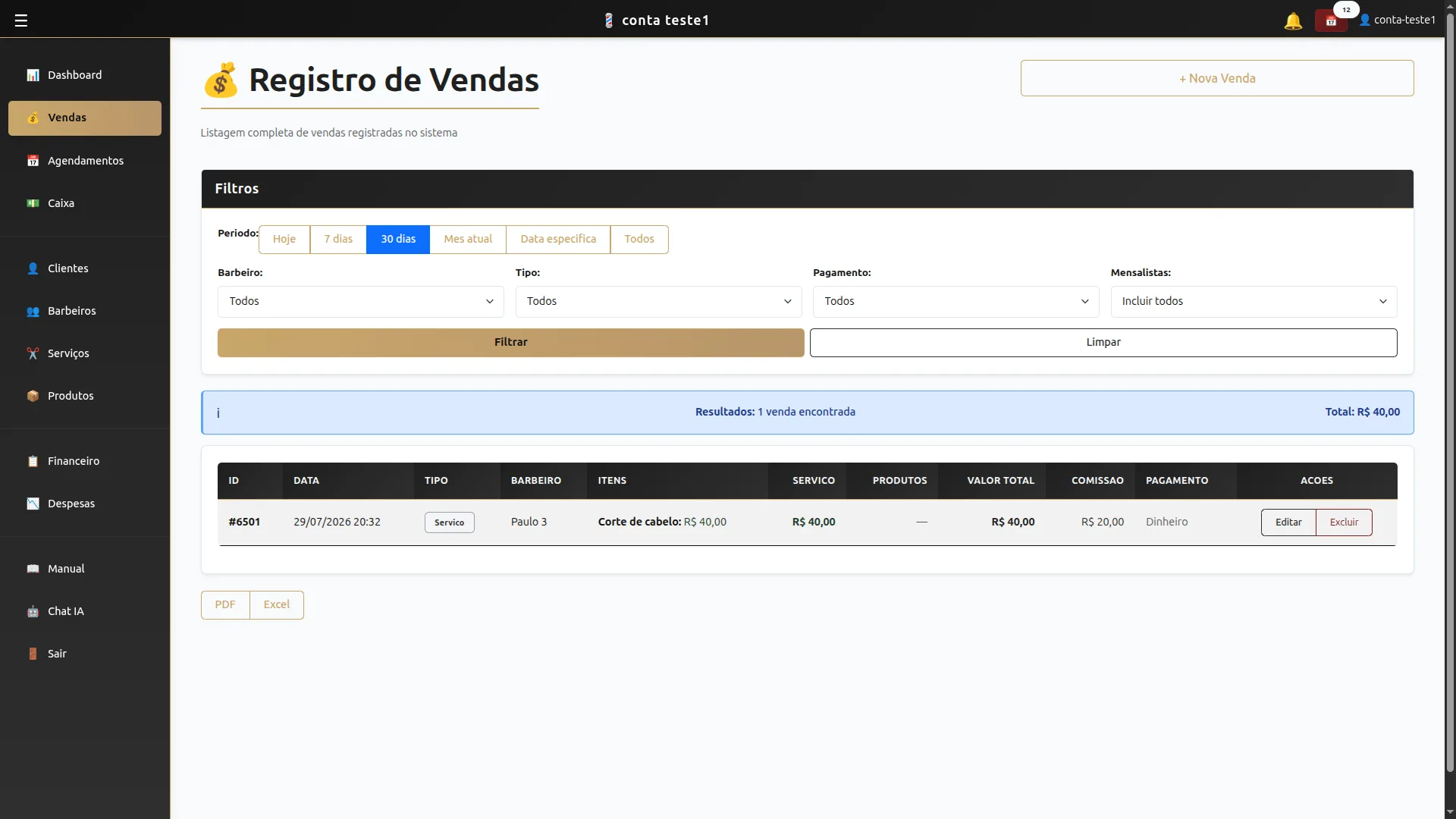 Sales screen with per-barber commission tracking